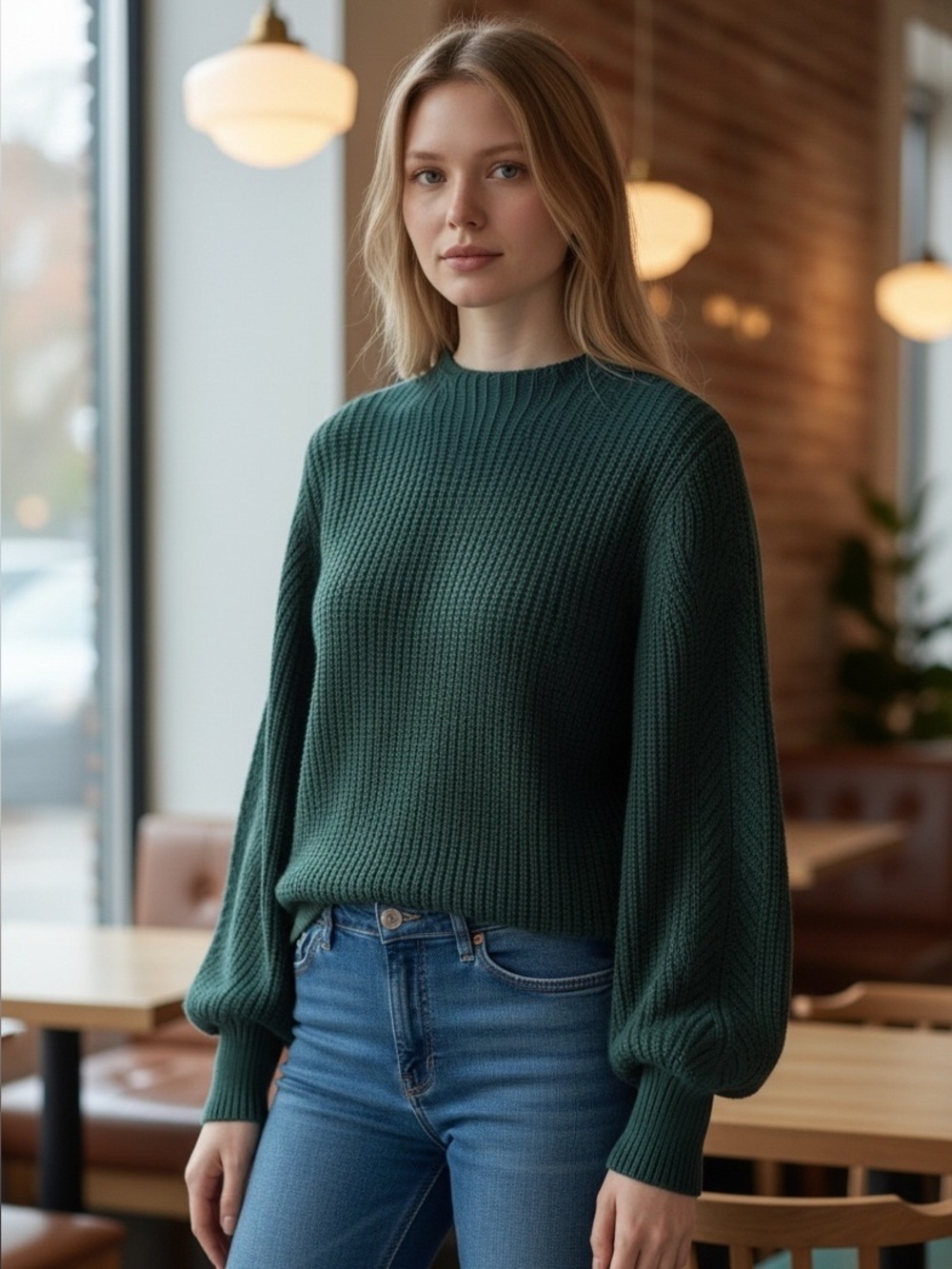 Sea New York Forest Green Knit Balloon-Sleeve Sweater size L